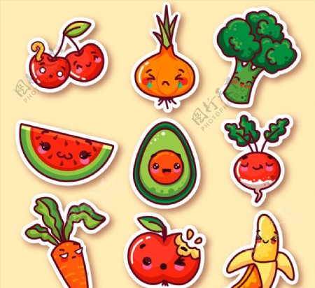 9款可爱表情蔬菜和水果贴纸矢量