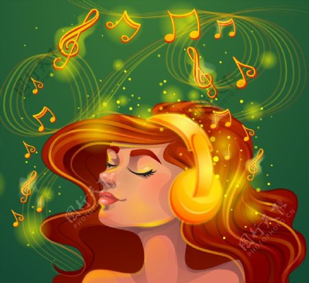 创意用金色耳机听音乐的女子矢量
