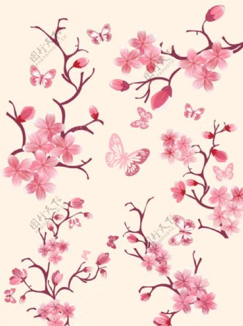 粉红桃花树枝背景卡片矢量图素材