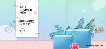 电商淘宝2018夏季上新限时活动花草简约立体促销海报banner