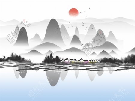 新中式手绘水墨山水背景装饰画