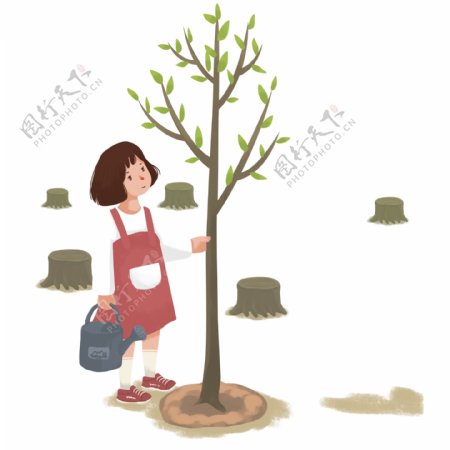 小清新种树浇水的女孩插画元素
