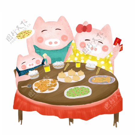 卡通猪年吃团圆饭的小猪一家可商用元素