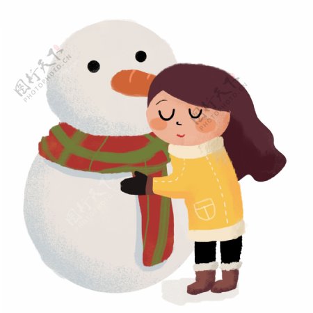 可爱抱着雪人的小女孩可商用元素