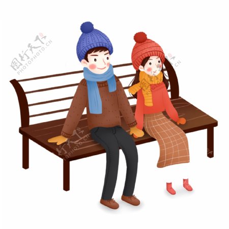 手绘坐在公园长椅上的情侣人物设计可商用元素