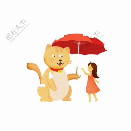 撑伞的女孩和猫咪插画元素设计可商用元素