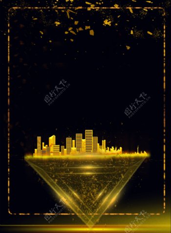 原创黑金三边形光中之城黑金背景素材
