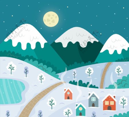 创意冬季夜晚村庄风景