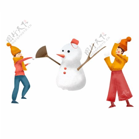 冬天堆雪人打雪仗的小情侣人物设计可商用元素
