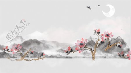 中国风水墨山水背景插画风景