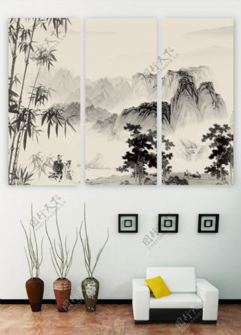 中式国画水墨远山工笔竹子三联装饰画