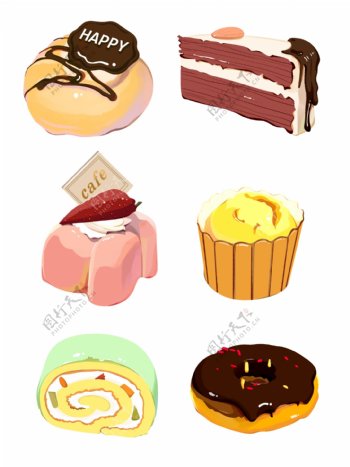 小蛋糕甜点美味美食手绘卡通元素套图