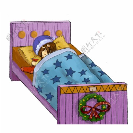 彩绘圣诞节床上睡觉的女孩设计