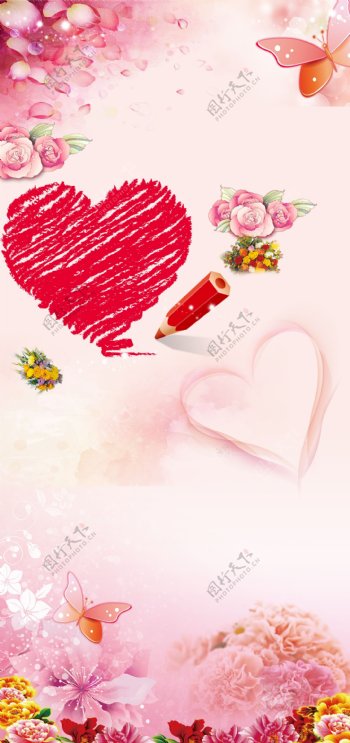 粉色浪漫唯美情人节彩铅爱心玫瑰花背景