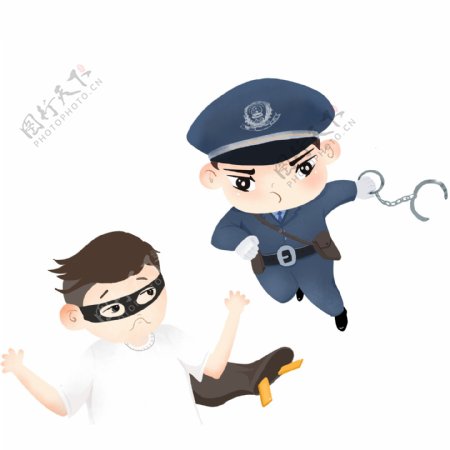 卡通手绘抓小偷的警察