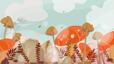 可爱草地蘑菇插画背景设计