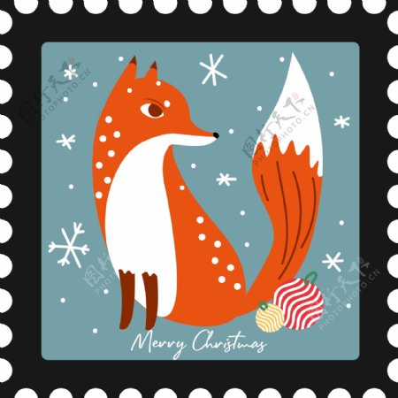 圣诞邮票小贴纸卡通狐狸矢量元素