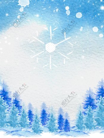 水彩风蓝色树林冬天下雪圣诞节背景