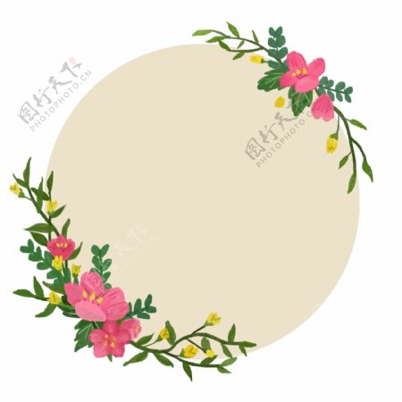 纯原创手绘清新植物花卉圆形边框装饰图案