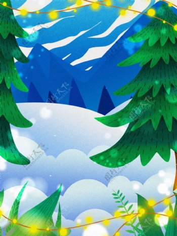 手绘圣诞树蓝色山峰背景素材