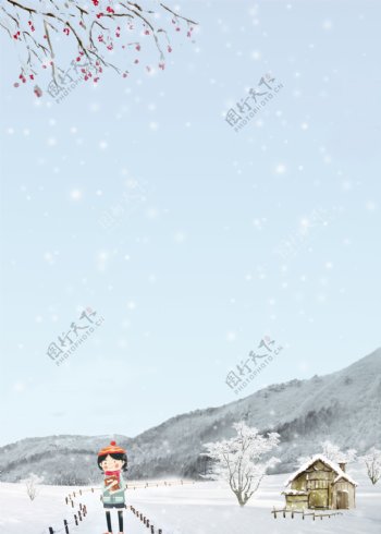 蓝色清新24节气之大雪节日插画背景