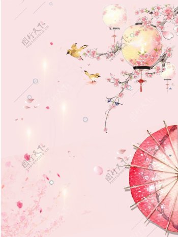浪漫粉色桃花雨伞广告背景
