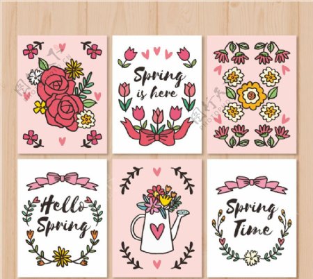 6款彩绘春季花卉卡片矢量素材