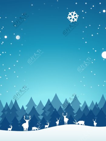 蓝色冬季下雪雪花树林背景