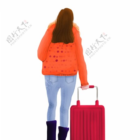 卡通手绘拖着行李箱的女人人物背影设计
