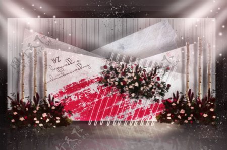 玫红色水泥墙背景婚礼仪式区效果图