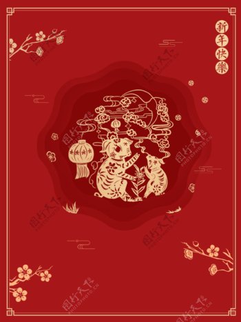 原创红色猪年喜庆新年快乐春节剪纸背景