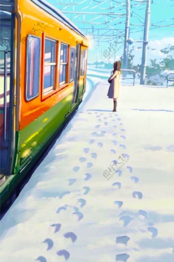 创意大雪等公交车的女孩背景素材