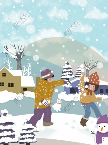 彩绘冬季打雪仗背景设计