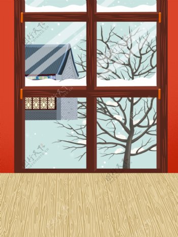 简约冬季窗外的雪景背景设计