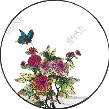 手绘中国风水墨花卉菊花叶子植物边框元素