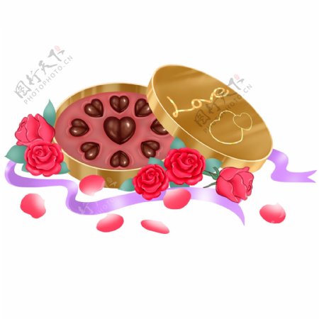 情人节打开的盒子心形巧克力玫瑰花