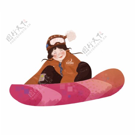 复古手绘冬季滑雪的女孩