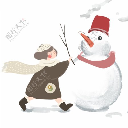 冬日卡通堆雪人的女孩人物插画