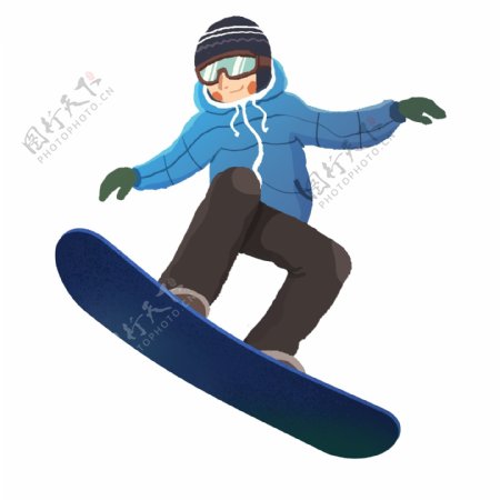 手绘滑雪的少年人物插画