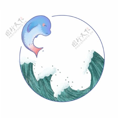 手绘卡通可爱动物边框之海豚开心气泡海浪