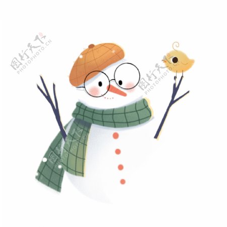 冬日清新大雪中的雪人先生和小鸟