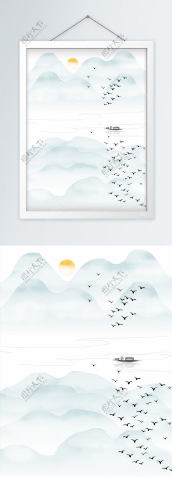 中式山水飞鸟装饰画