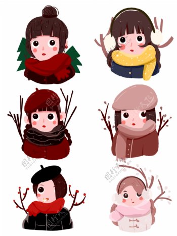 冬季人物可爱卡通手绘插画元素