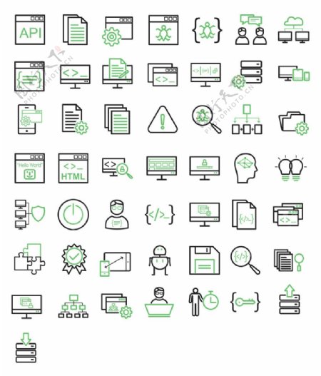 50枚软件开发的绿黑色线性图标