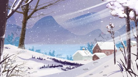 唯美大雪节气小雪冬季雪景风景插画