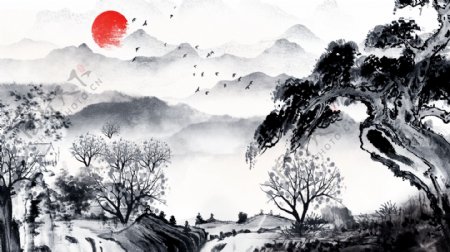 中国复古水墨画水彩风景画中国水墨插画