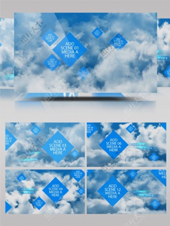 天空白云中漂浮着的方形图片展示ae模板