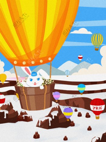原创插画卡通兔子与热气球