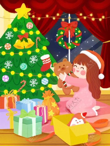 圣诞节平安夜可爱孩子拆礼物童趣手绘插画