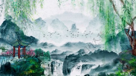 唯美复古中国水墨画风景画中国水彩画插画